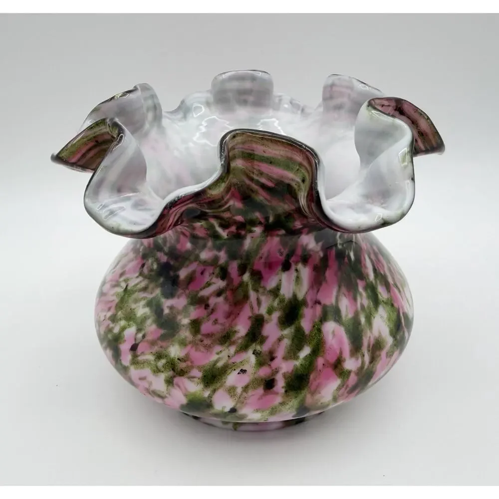 Fenton Vasa Murrhina Pink with Green Aventurine Ruffled Edge Rose Bowl Vase 4”